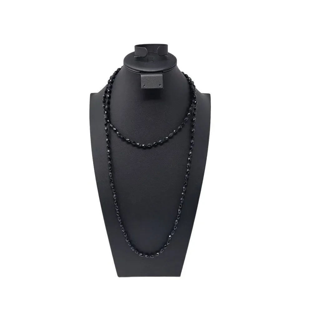 Vintage Signed Austrian Black Glass Beaded Flapper‎ Necklace Oblong Bicone Long